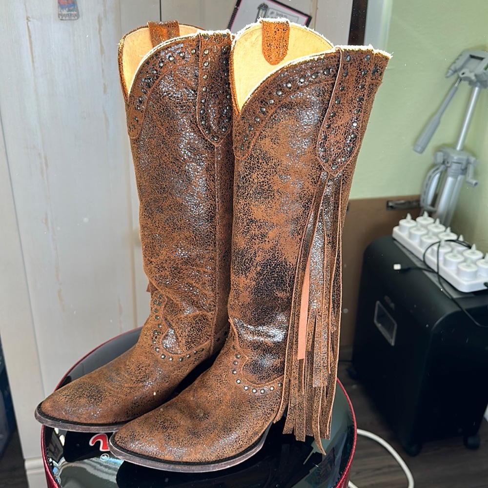 Brown Fringed Heeled Boots